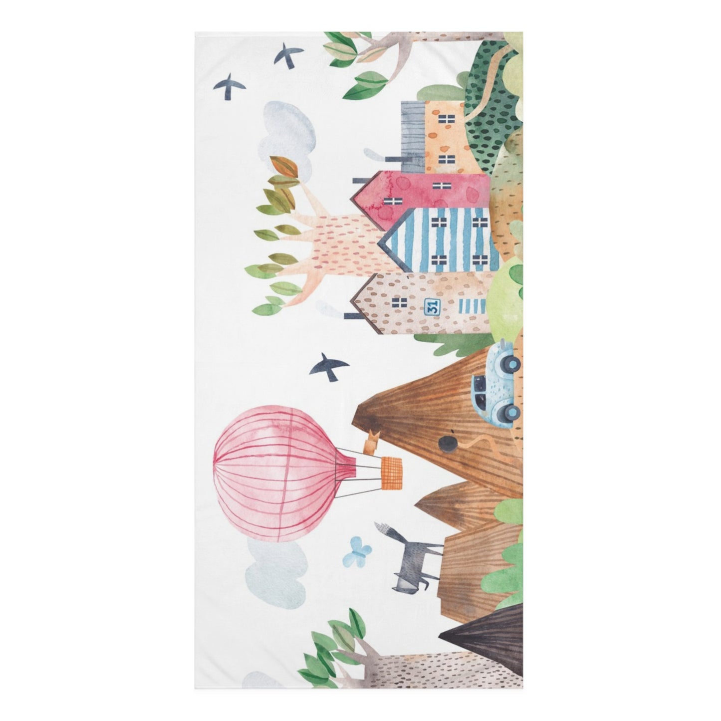 Hot Air Balloon Cotton Towel - Whimsical Village and Nature Design