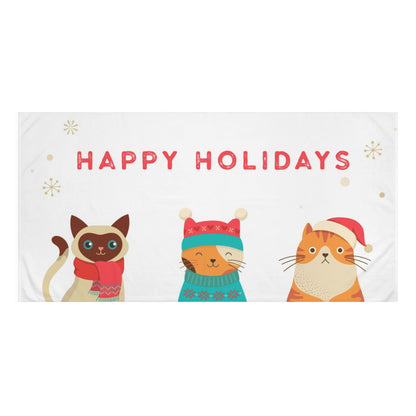 Happy Holidays Cotton Towel - Festive Cats in Winter Hats