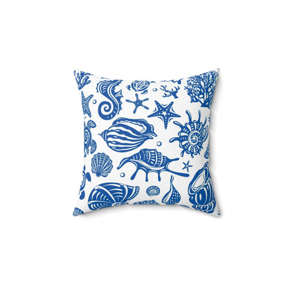 Blue Seashells and Stars Spun Polyester Square Pillow