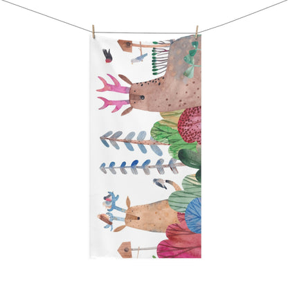 Colorful Forest Cotton Towel - Whimsical Deer and Nature Design