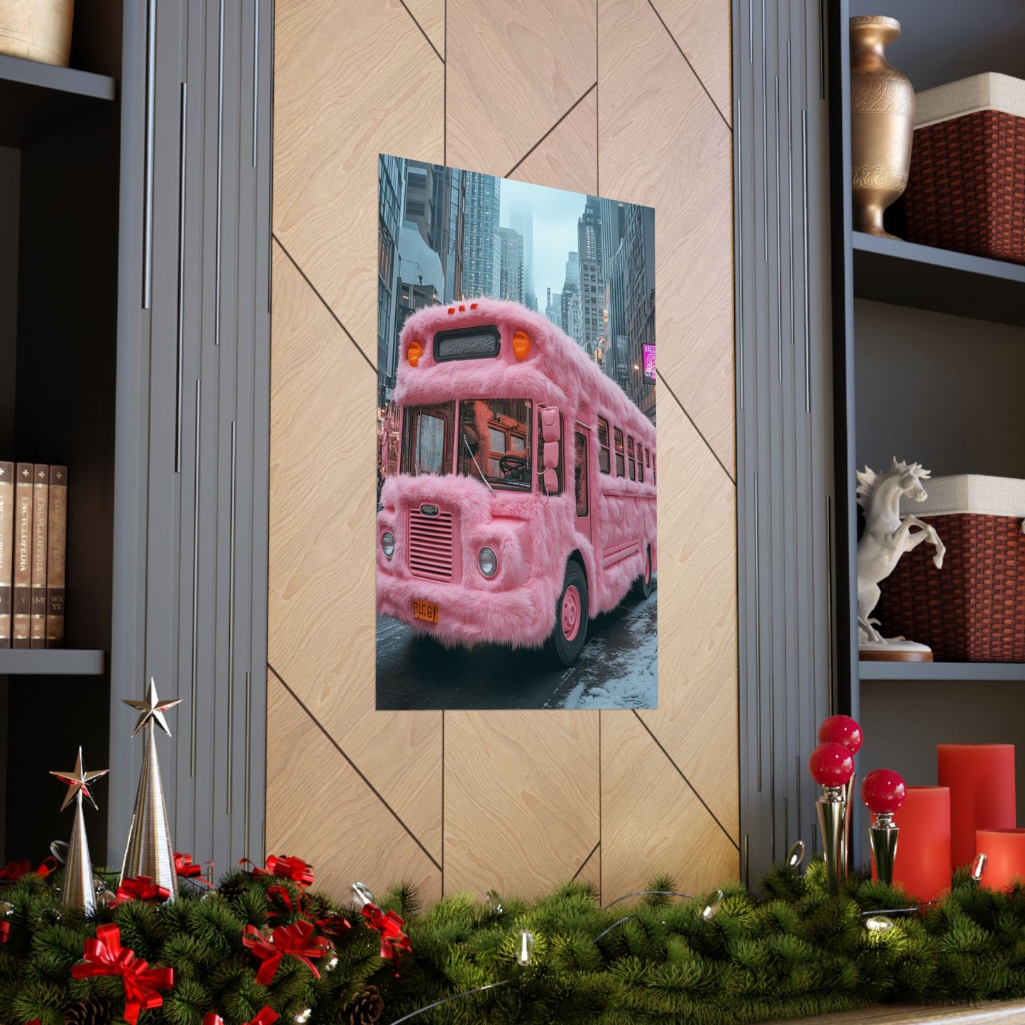 Fluffy Pink Ride - Whimsical Bus Canvas Art