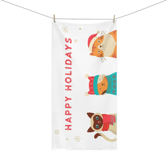 Happy Holidays Cotton Towel - Festive Cats in Winter Hats