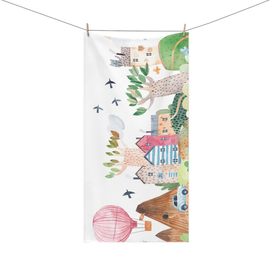 Whimsical Village Cotton Towel - Colorful Storybook Design