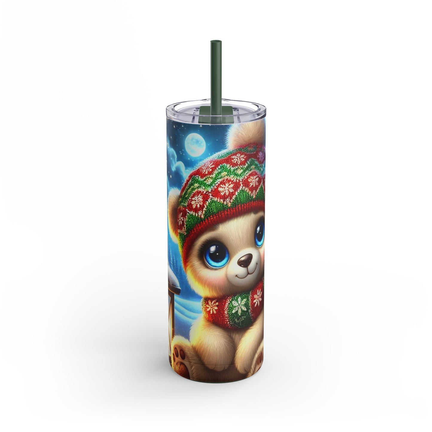 Moonlit Snuggle: Adorable Winter Bear Skinny Tumbler  20oz