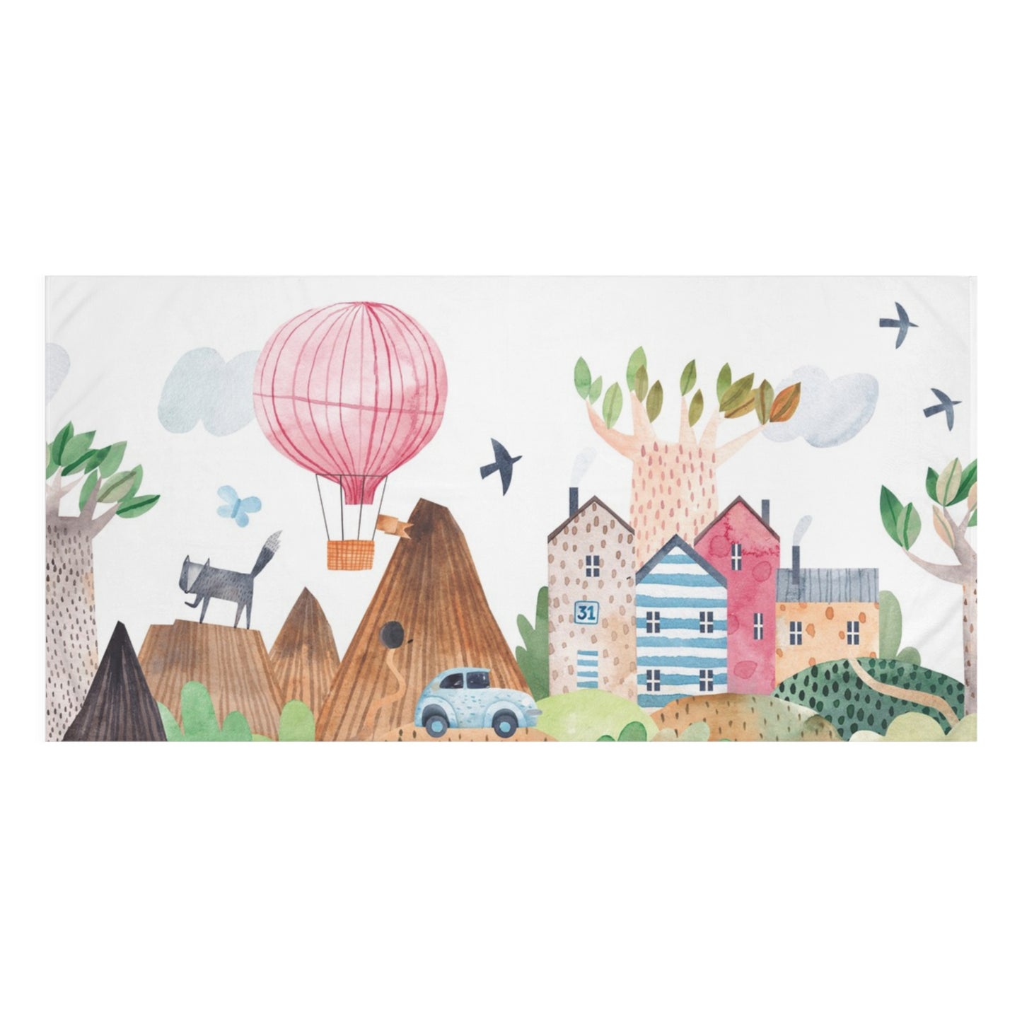 Hot Air Balloon Cotton Towel - Whimsical Village and Nature Design