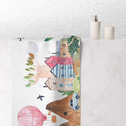 Whimsical Village Cotton Towel - Colorful Storybook Design