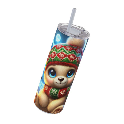 Moonlit Snuggle: Adorable Winter Bear Skinny Tumbler  20oz