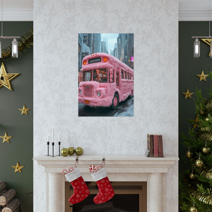 Fluffy Pink Ride - Whimsical Bus Canvas Art