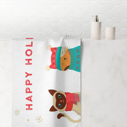 Happy Holidays Cotton Towel - Festive Cats in Winter Hats