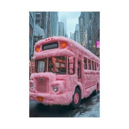 Fluffy Pink Ride - Whimsical Bus Canvas Art