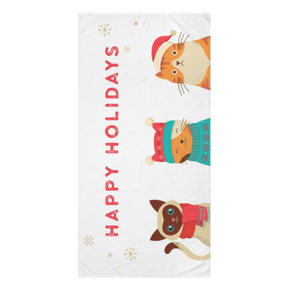 Happy Holidays Cotton Towel - Festive Cats in Winter Hats