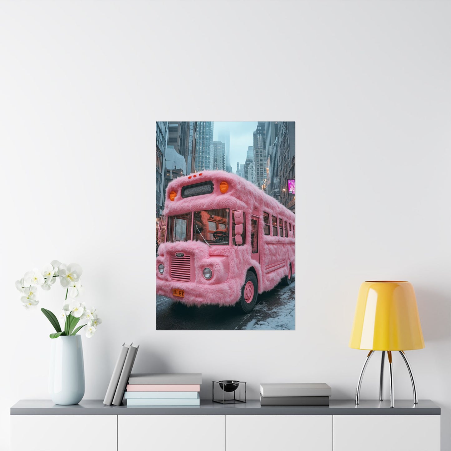 Fluffy Pink Ride - Whimsical Bus Canvas Art