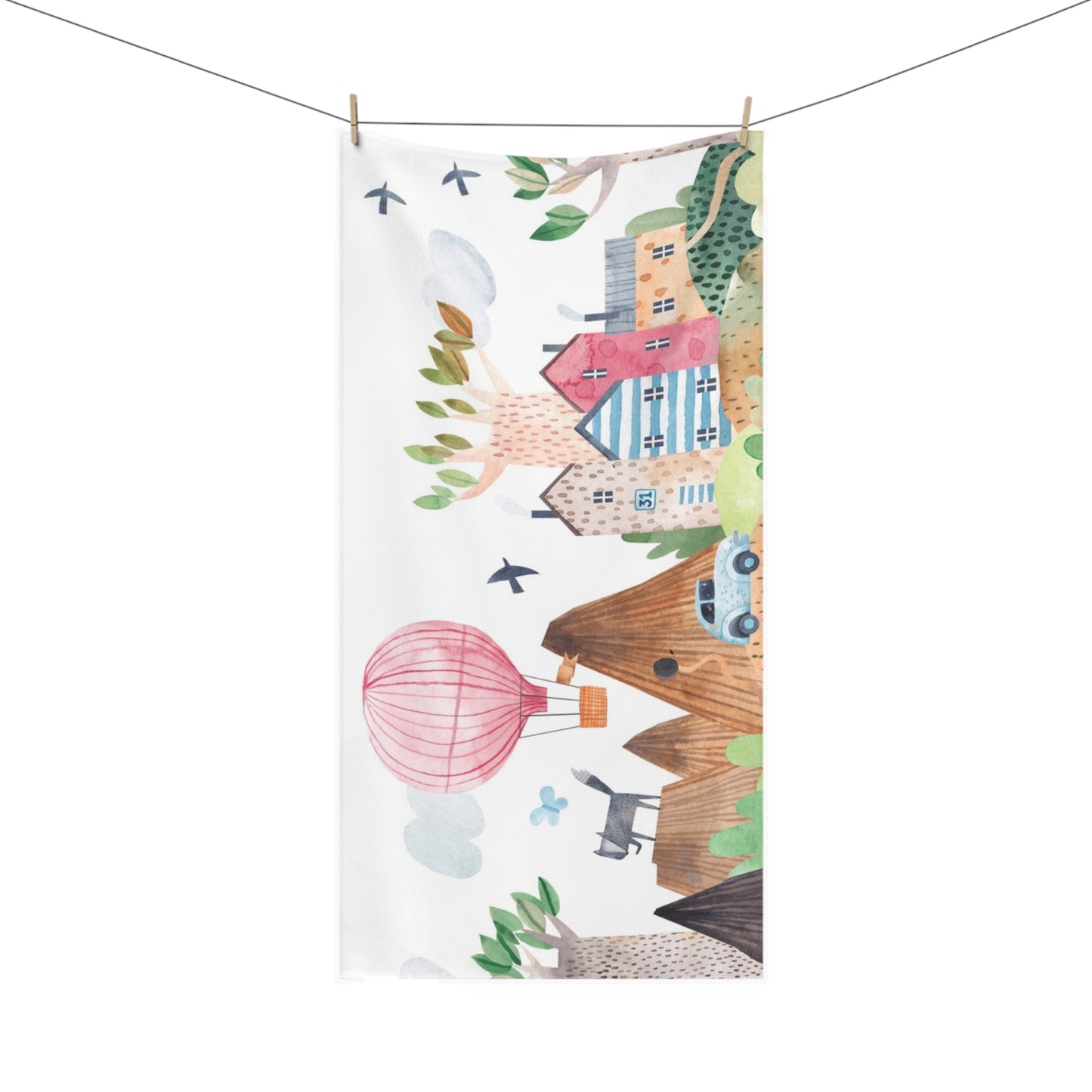 Hot Air Balloon Cotton Towel - Whimsical Village and Nature Design