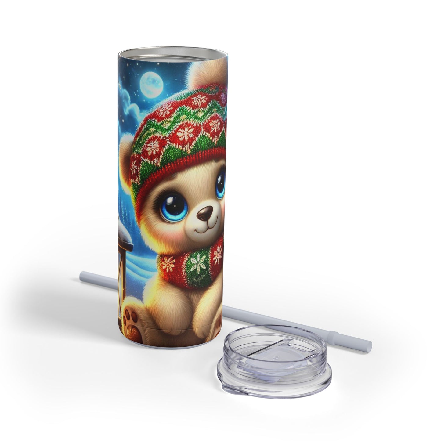 Moonlit Snuggle: Adorable Winter Bear Skinny Tumbler  20oz