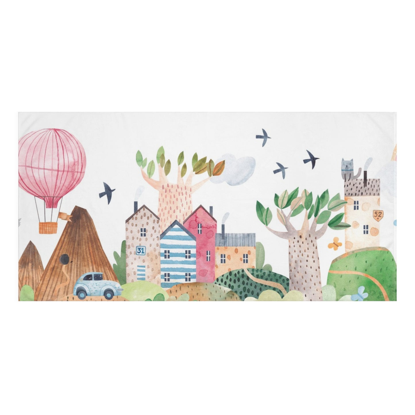 Whimsical Village Cotton Towel - Colorful Storybook Design